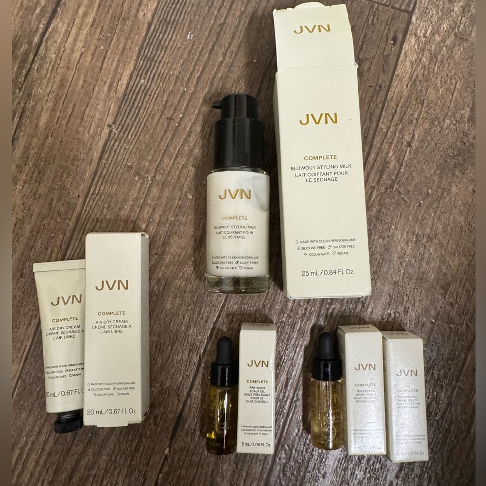 JVN hair care kit. BLOWOUT STYLING MILK. AIR DRY CREAM. SCALP OIL. 2 SHINE DROP